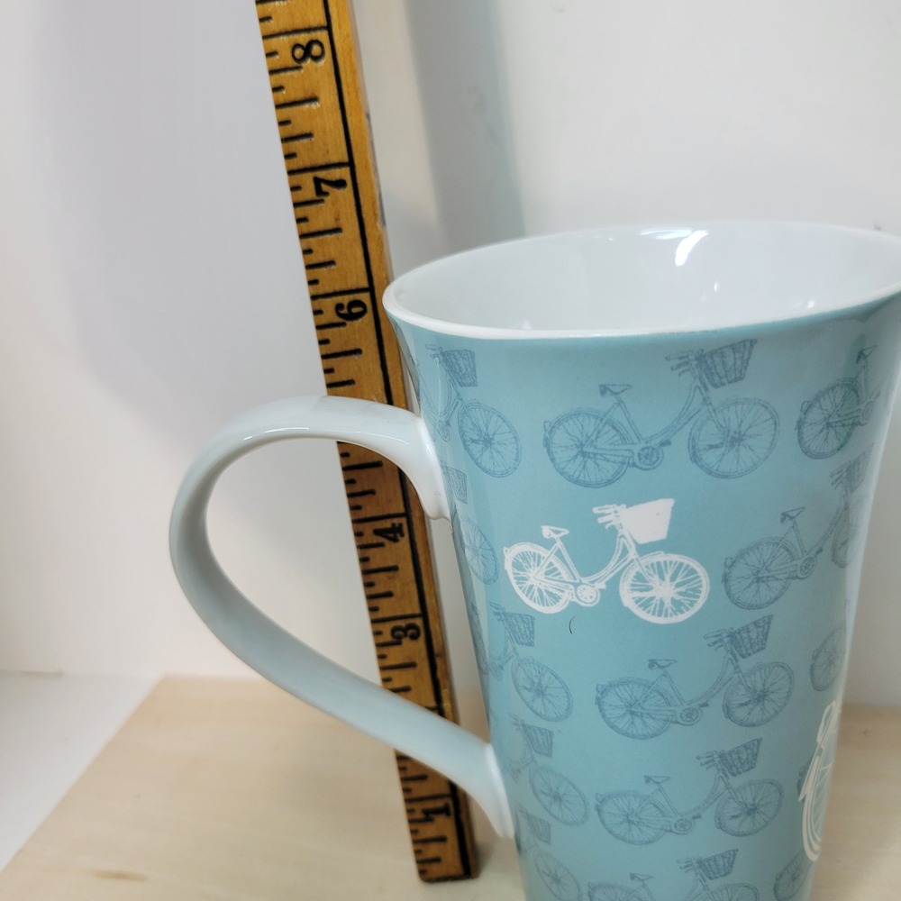 222 Fifth Take A‎ Ride Turquoise Bicycle Basket Tall Latte Coffee Mug - Picture 6 of 6